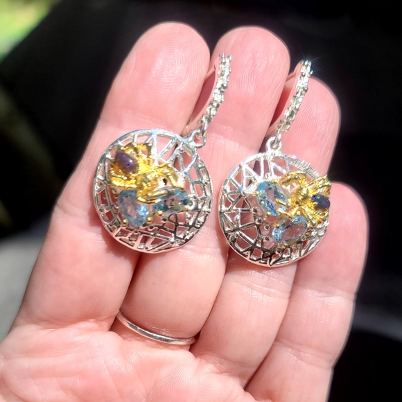 Black Opal & aquamarine sterling/gold spider earrings - Picture 8 of 11